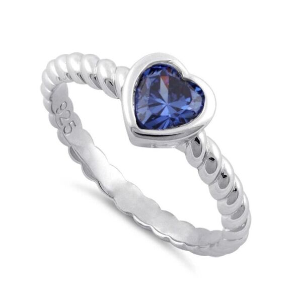 Sterling Silver Heart Blue Spinel CZ Casual Twisted Band Ring New - Picture 1 of 4